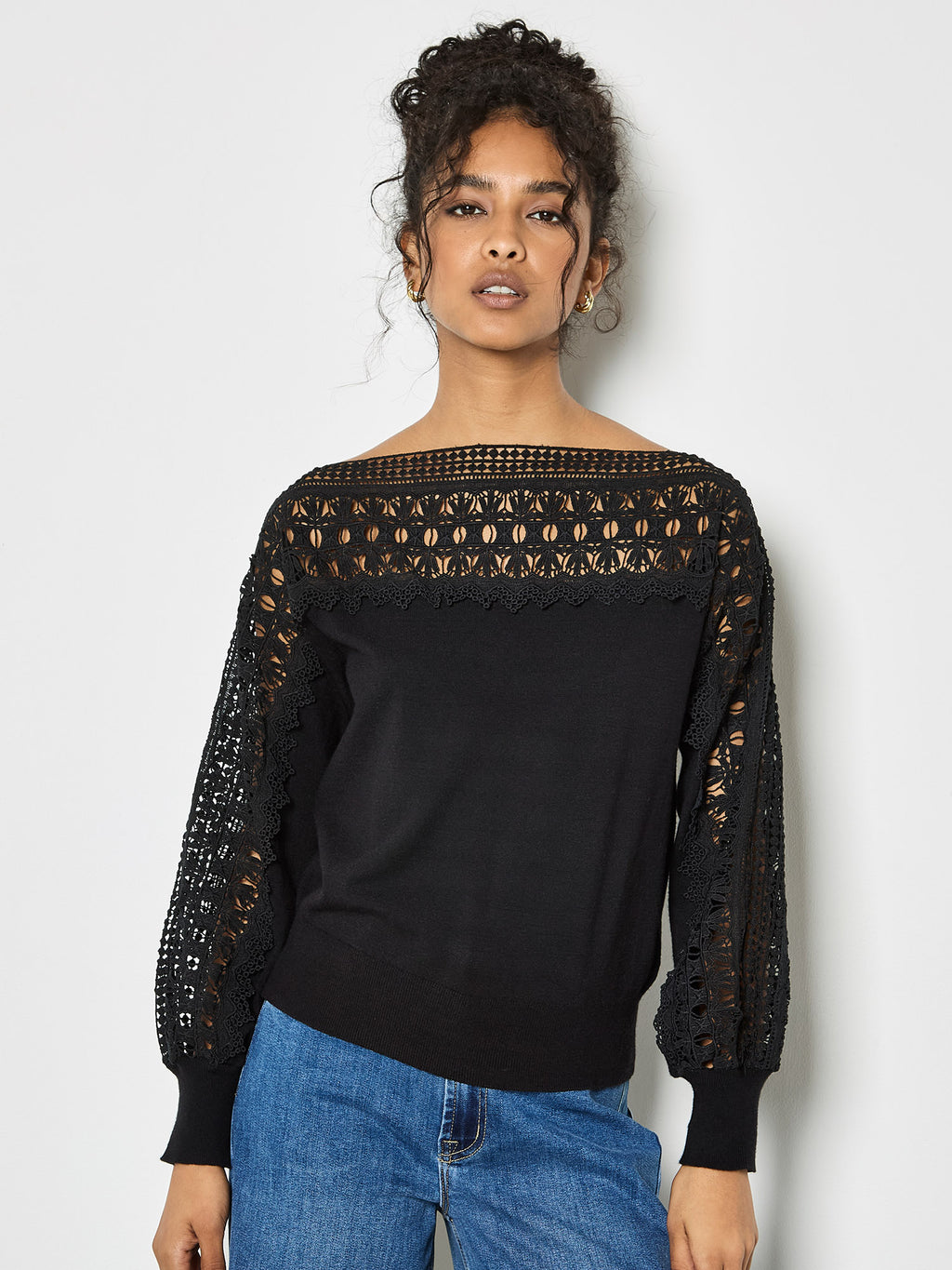 Apricot- Black Lace Neck And Sleeve Detail Jumper