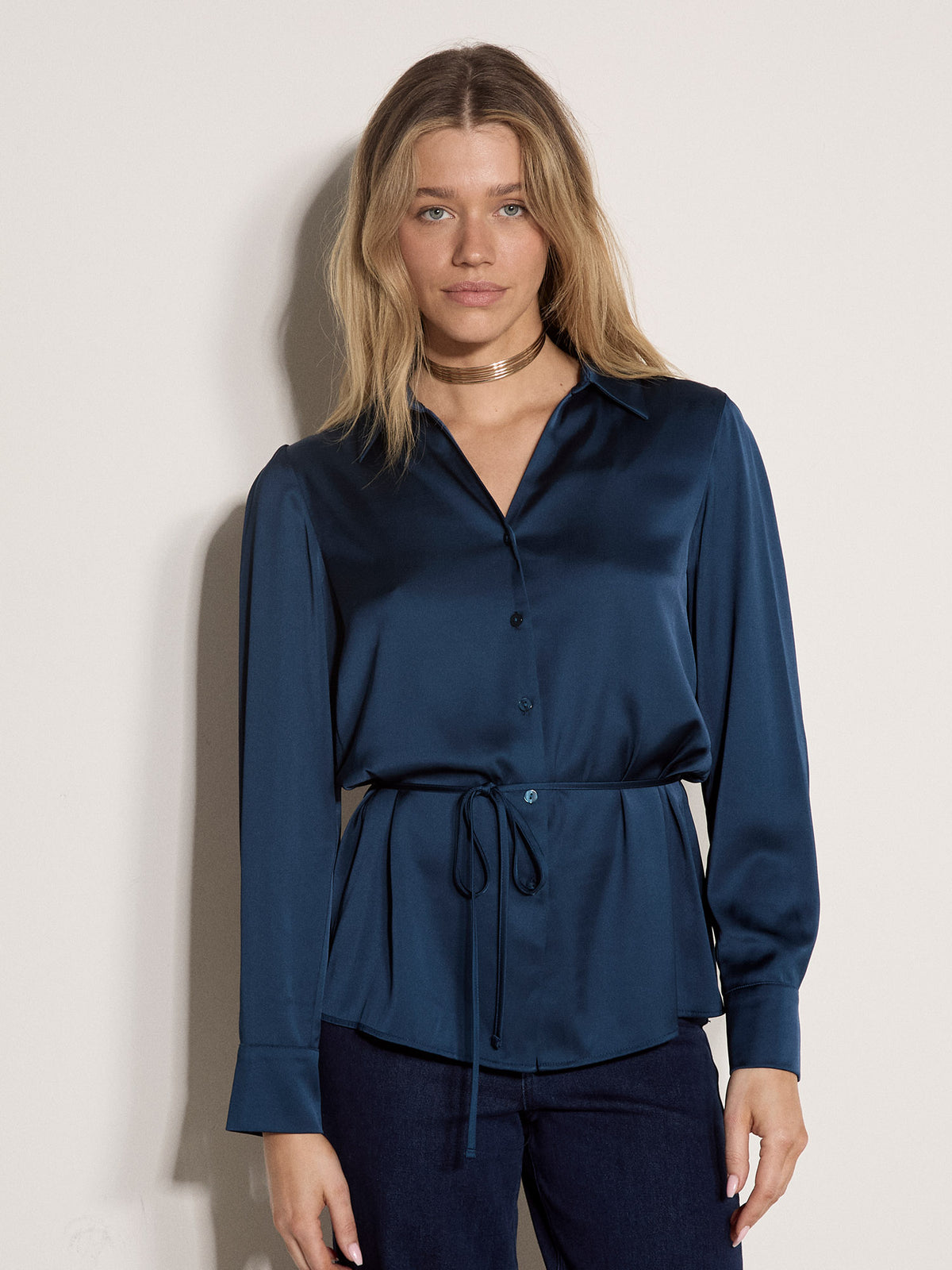 Apricot - Satin Tie Button Up Blouse