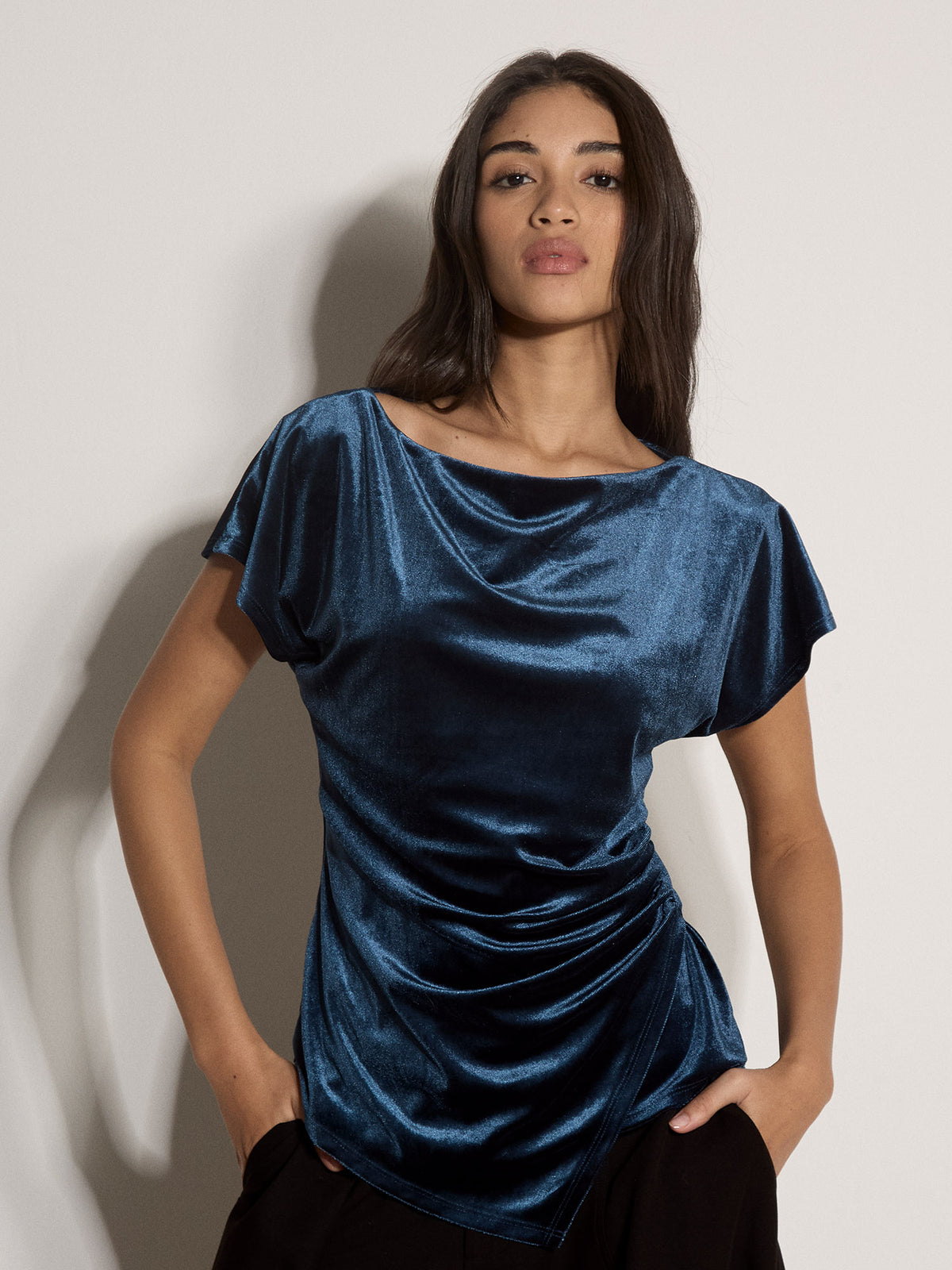 Apricot - Velvet Side Ruche Asymmetric Top