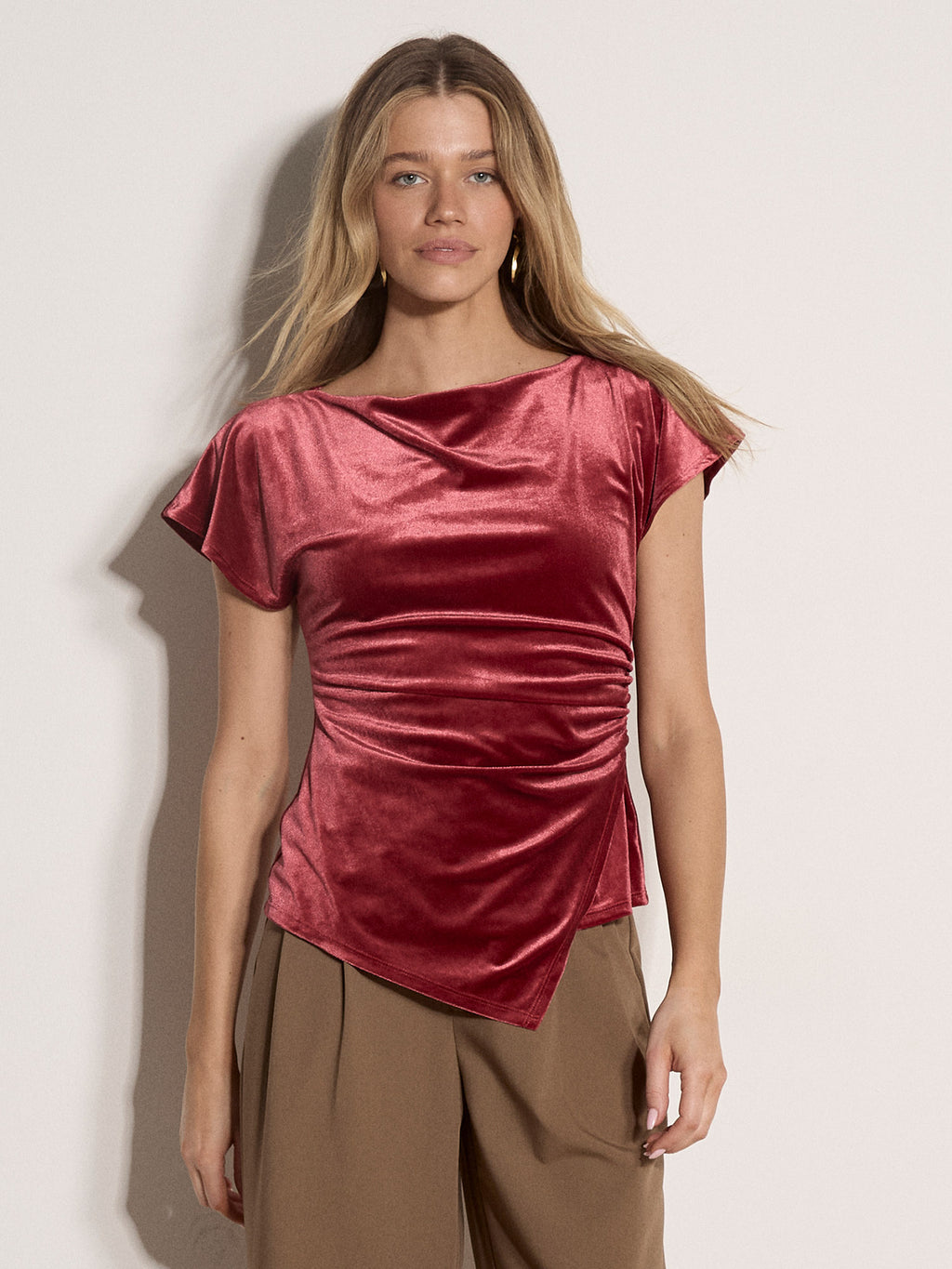 Apricot - Velvet Side Ruche Asymmetric Top